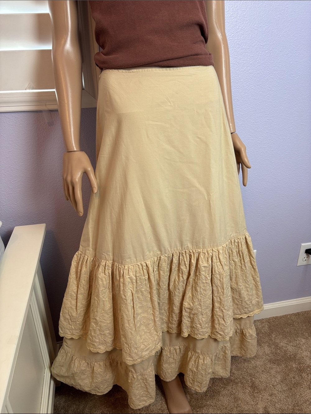 Vintage Hunt Club Camel Prairie Peasant Maxi Skirt Tiered Eyelet Ruffles